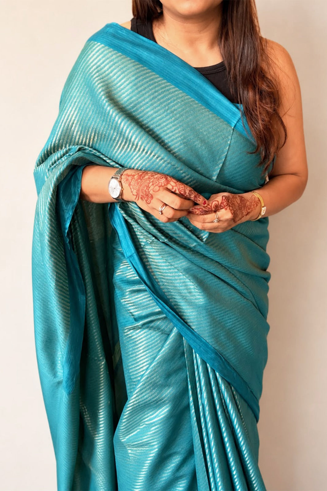 Teal Blue Banswada Silk Blend Saree with Elegant Woven Stripes - SS043