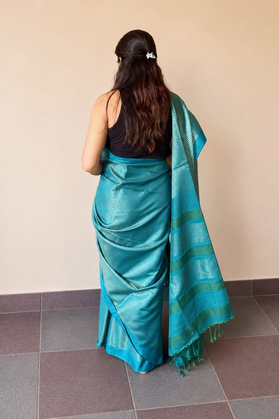 Teal Blue Banswada Silk Blend Saree with Elegant Woven Stripes - SS043