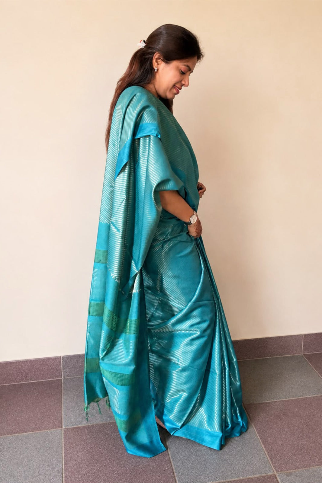 Teal Blue Banswada Silk Blend Saree with Elegant Woven Stripes - SS043