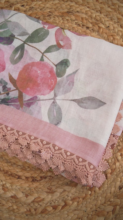 Blush Garden Digital Print Linen Saree with Imported Lace – SS039
