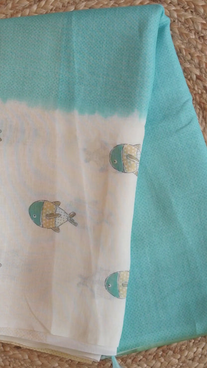 Aqua Koi Digital Print Linen Saree