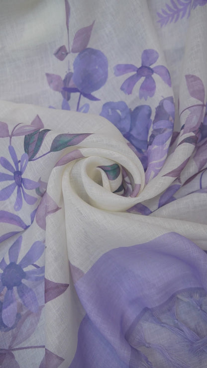 Lilac Bloom Digital Print Linen Saree