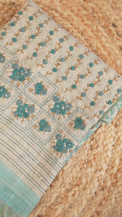Aqua Bloom Embroidered Tissue Linen Saree – SS036