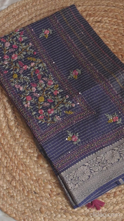 Midnight Blue Floral Crepe Saree