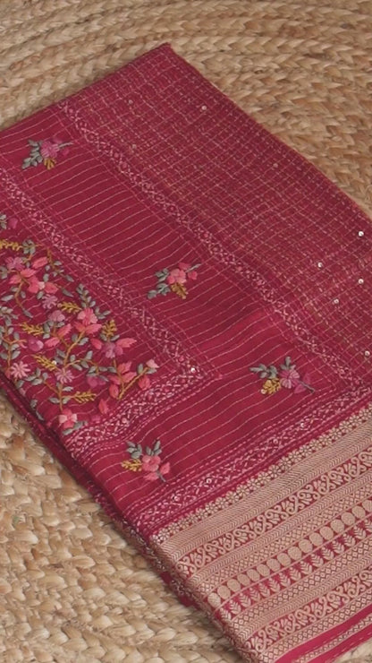 Crimson Bloom Embroidered Crepe Saree